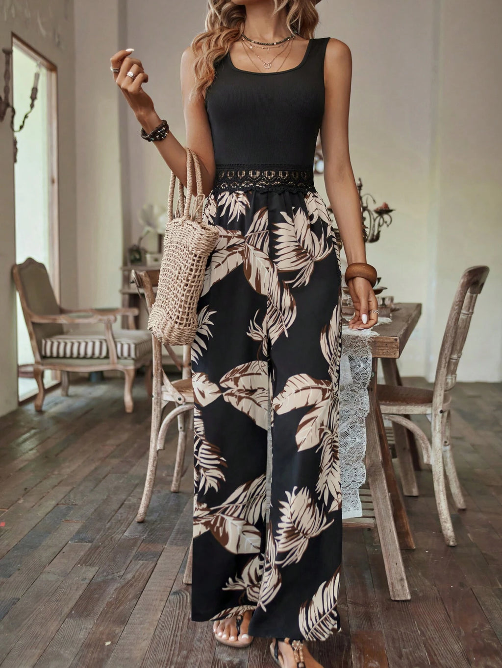 Breezaya Tropical Print Guipure Lace Insert Jumpsuit