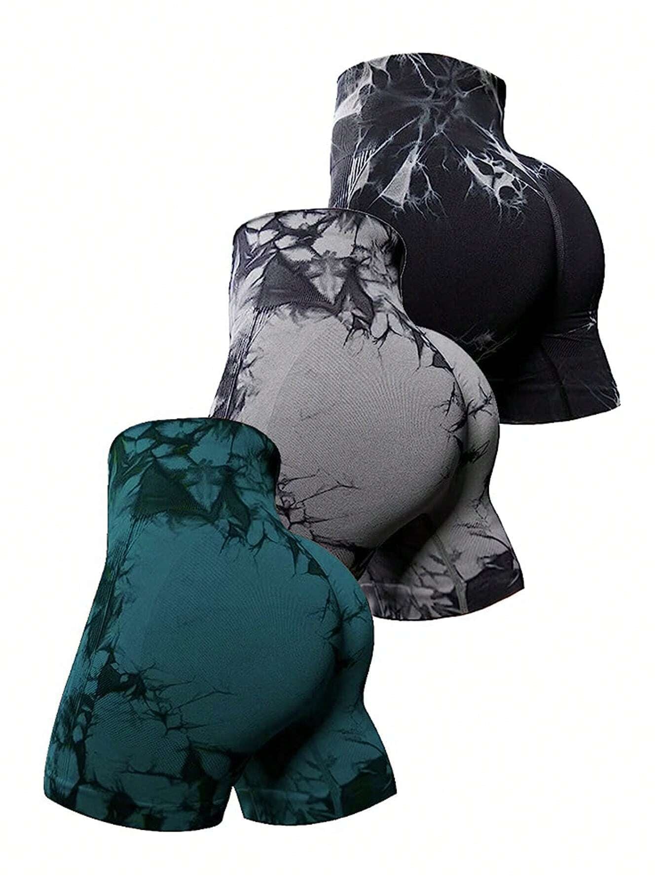 Easithlete 3Pcs Tie Dye Wideband Waist Sports Shorts Stretchy Shortswomen Sweat Short, Gym Short, Biker Short