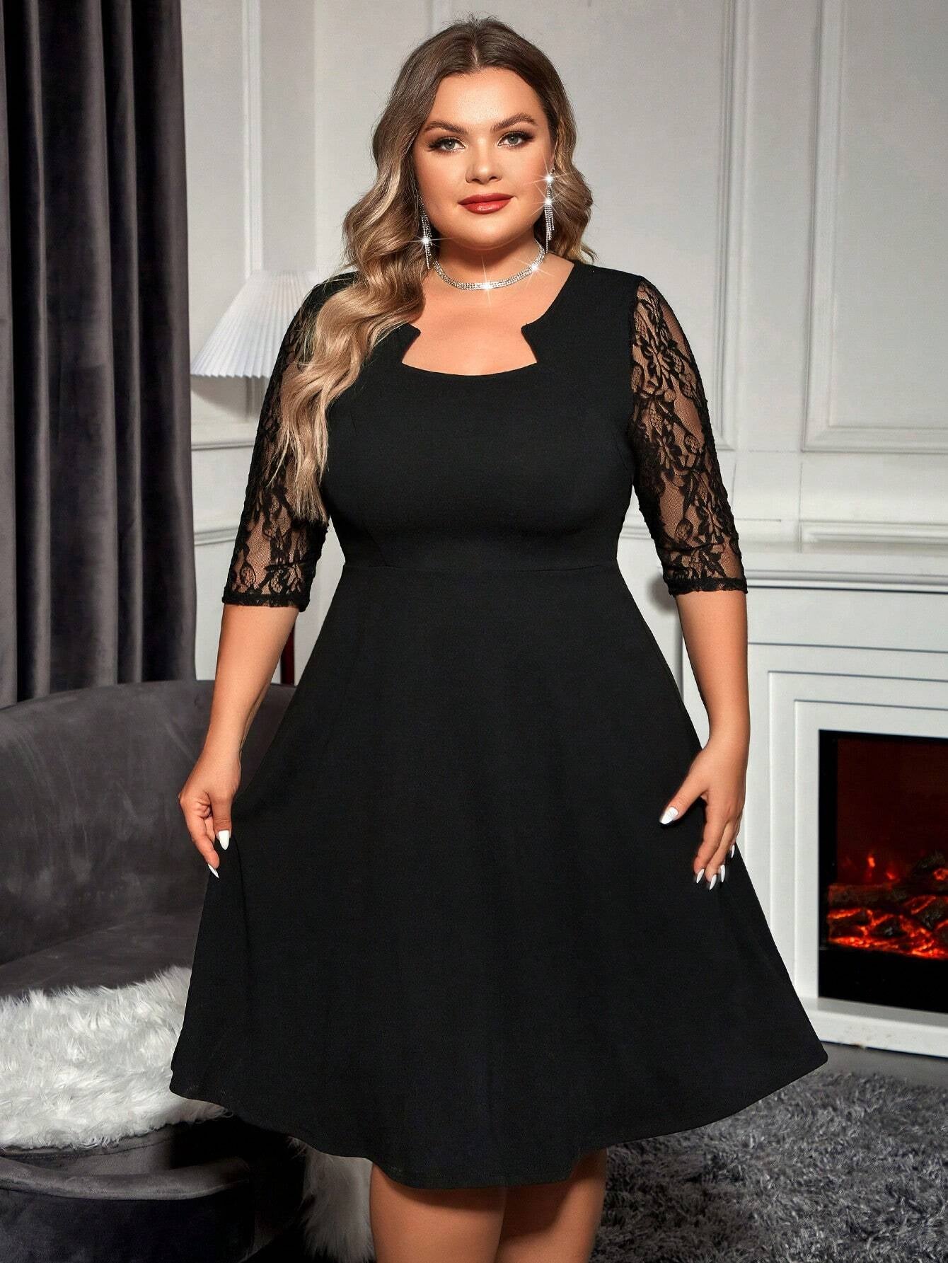 Reflora plus Contrast Lace Notched Neckline Dress