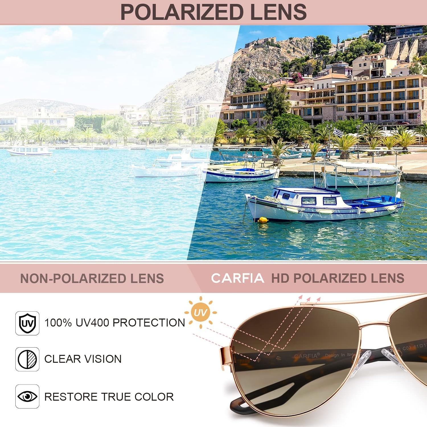 Polarized Sunglasses for Women UV Protection Ultra-Lightweight Comfort Metal Frame Driving Glasses CA3210
