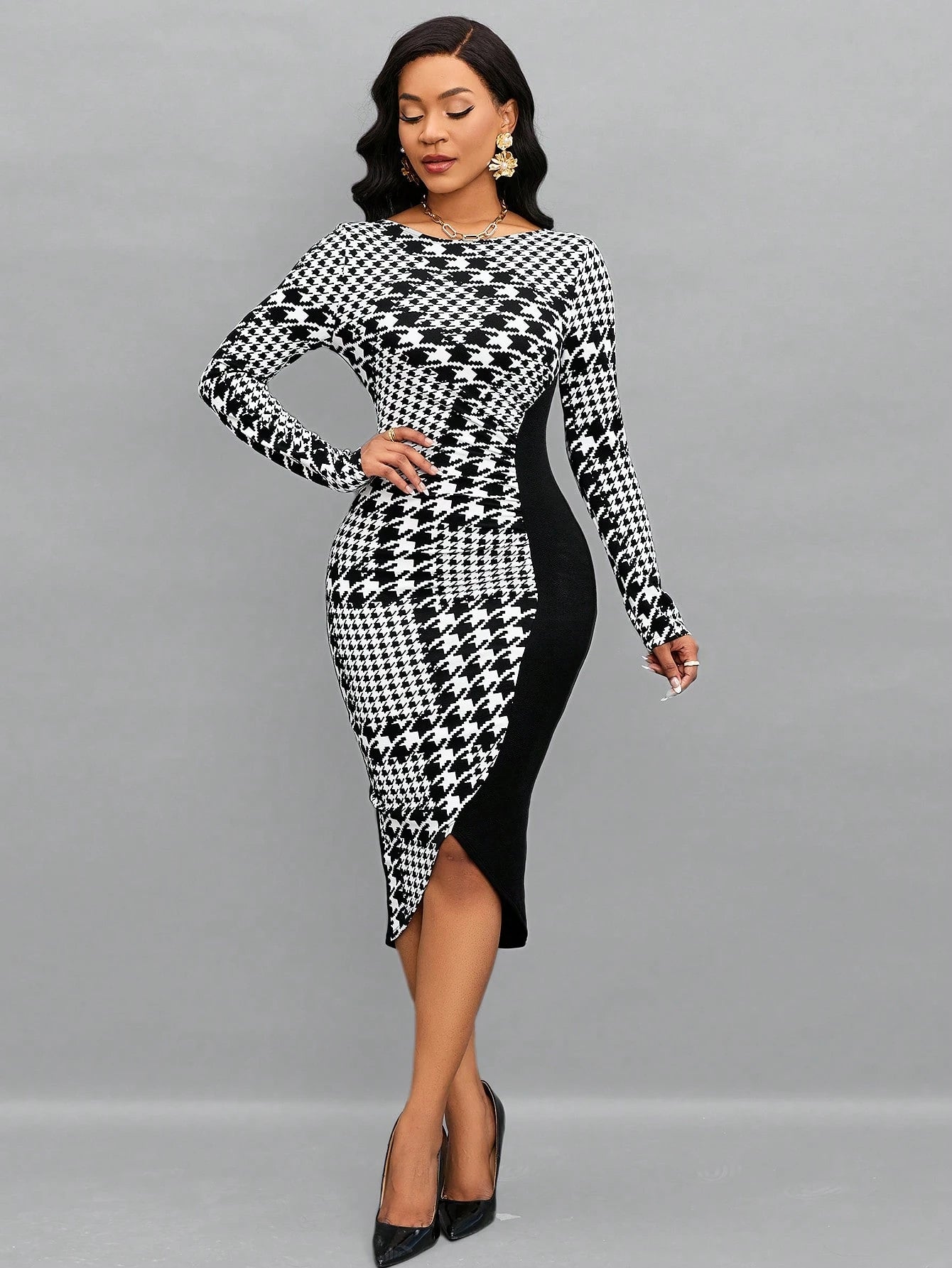 Lady Office Dress Houndstooth Print Asymmetrical Hem Bodycon Dress