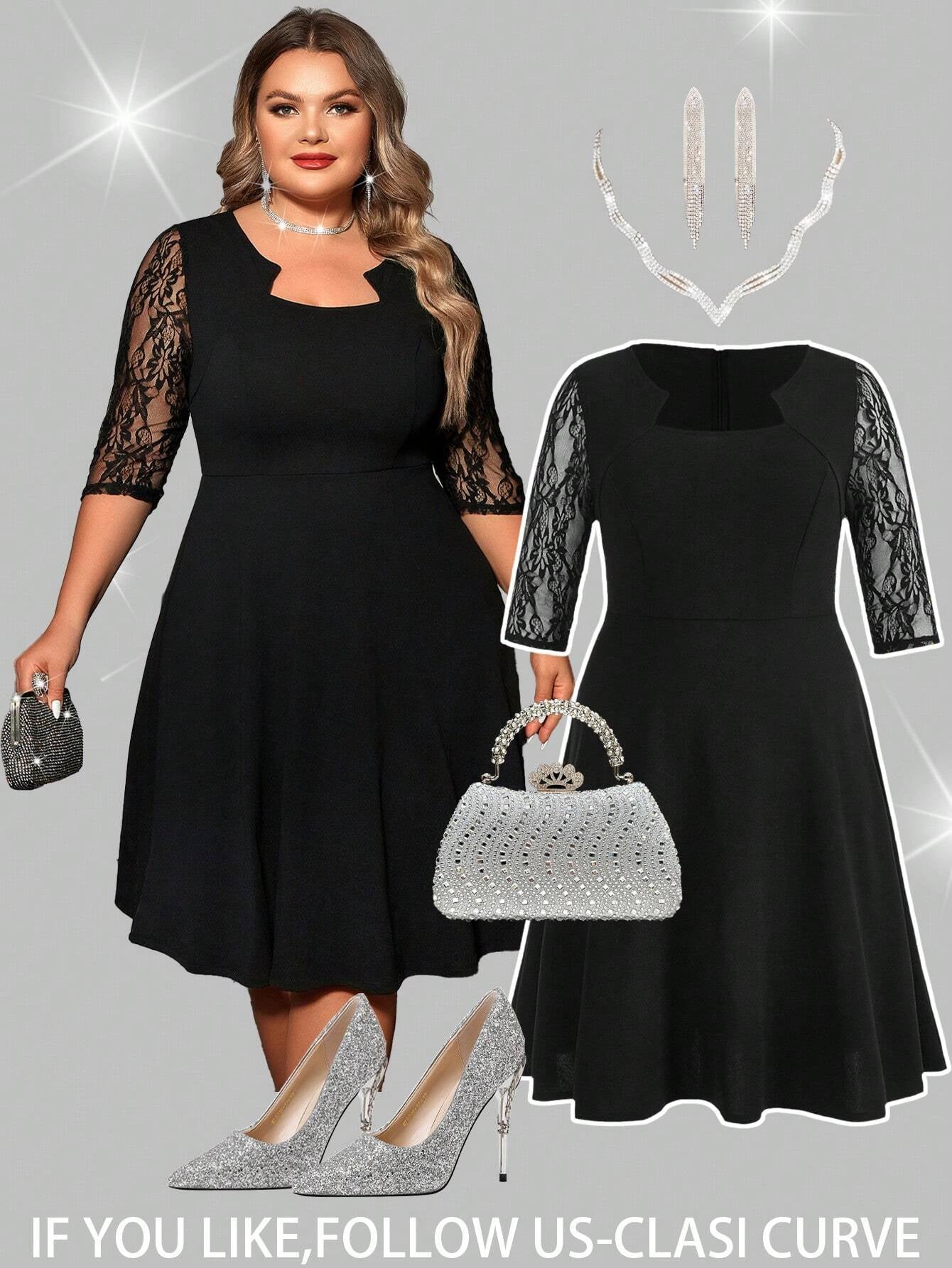 Reflora plus Contrast Lace Notched Neckline Dress