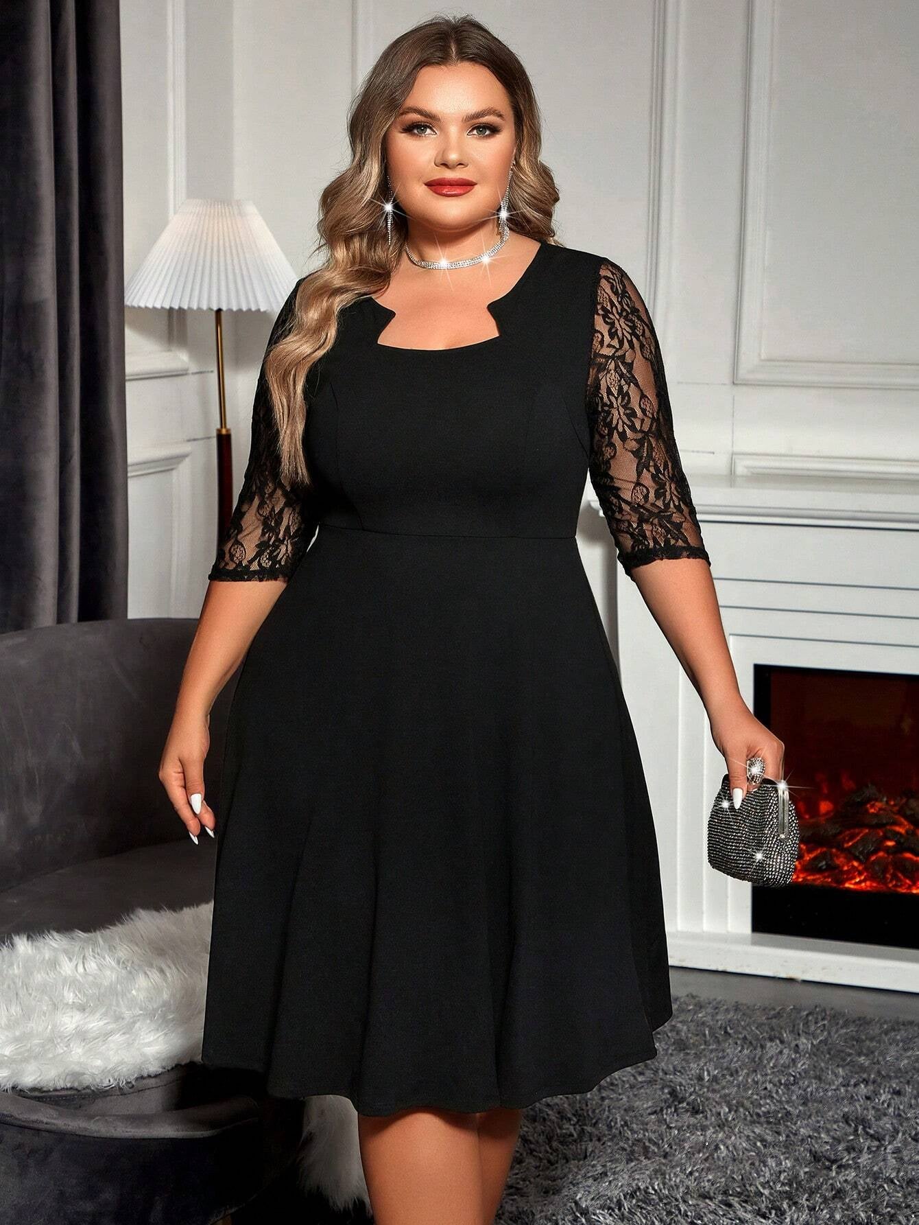 Reflora plus Contrast Lace Notched Neckline Dress